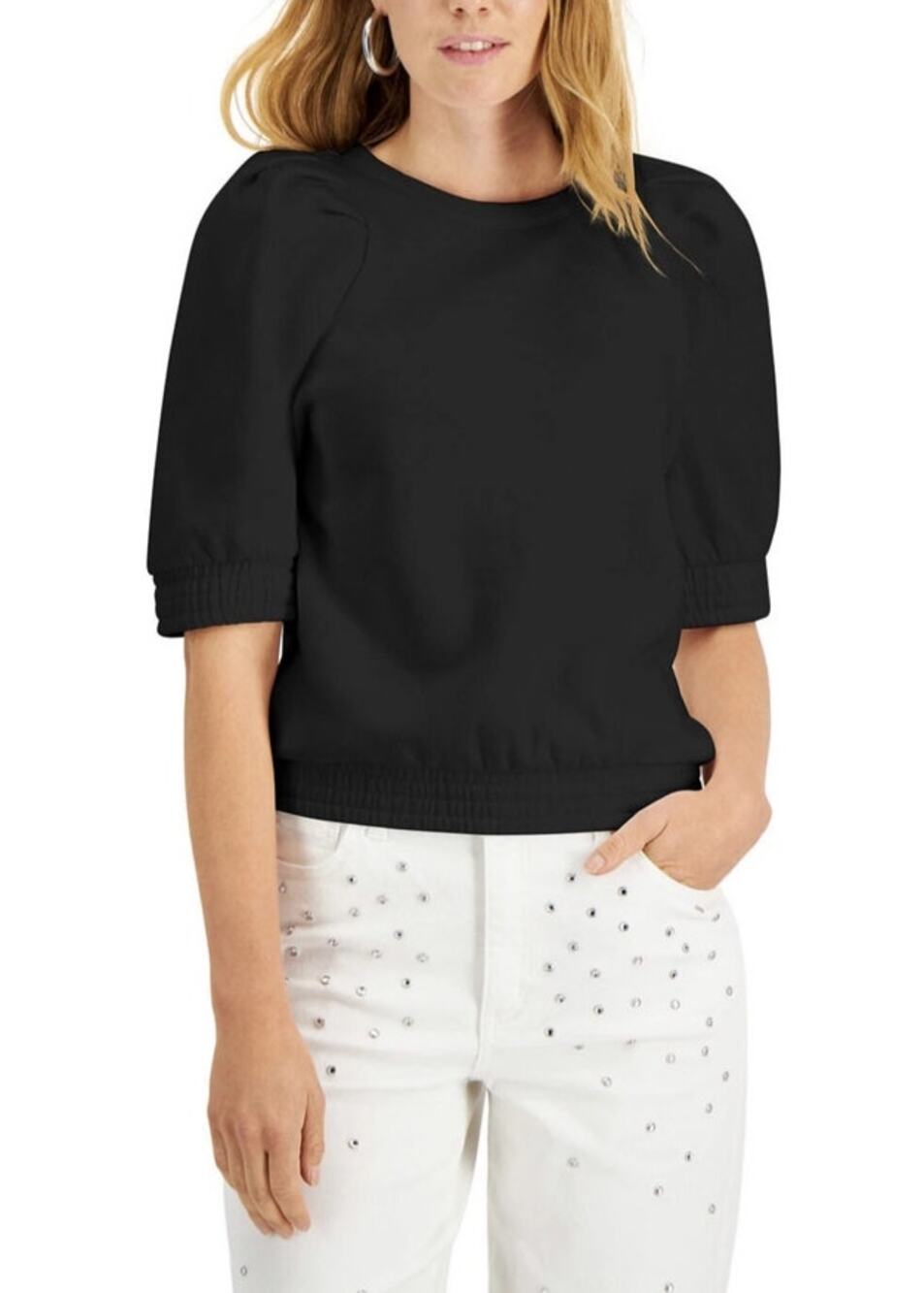 INC International Concepts Puff-Sleeve Crewneck Sweatshirt Black Top - S